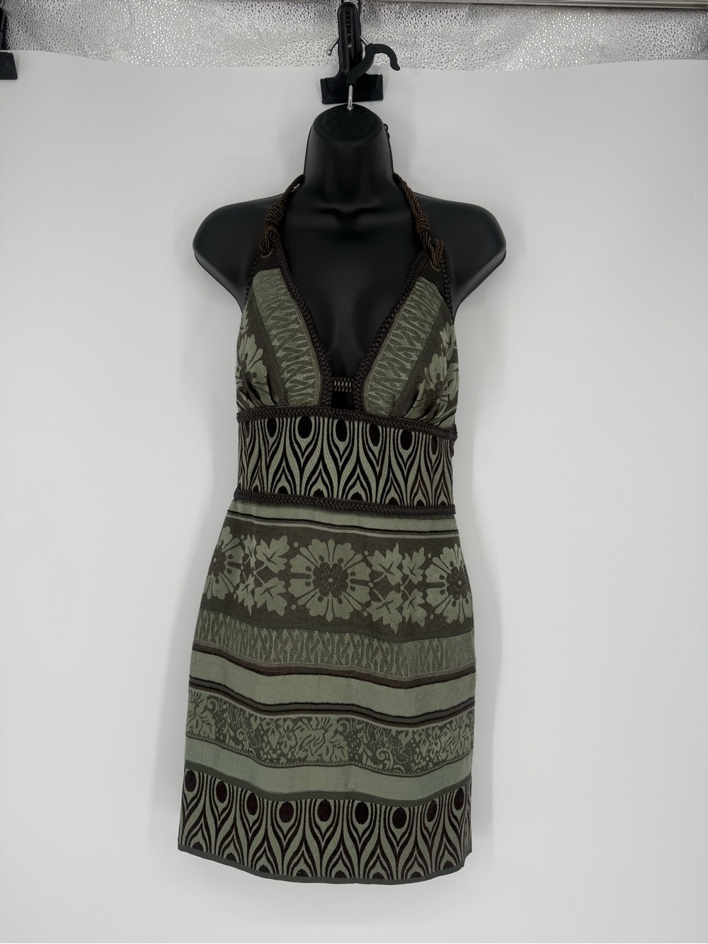 Women’s Halter Knit Patterned Dress in Olive Green w/ Dark Green Braided  Accent